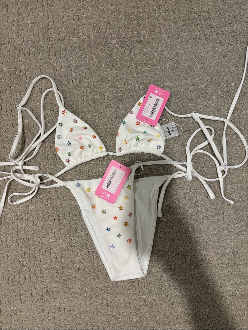 Edikted White Bikini Set with Multicolor Flower Embroidery